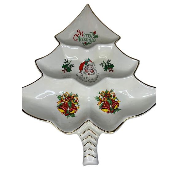 Vintage MCM Holiday Christmas Candy Nut Dish Santa Gold Trim 14 Inch - Picture 2 of 9